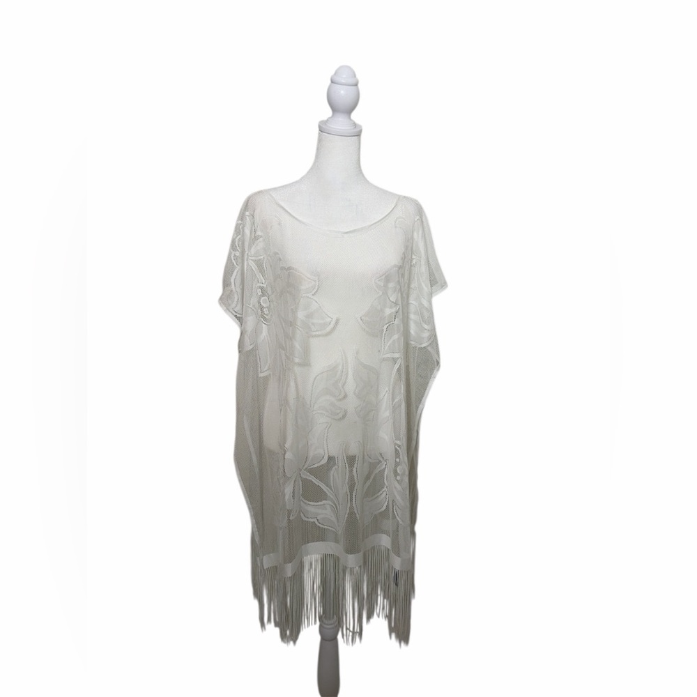 Elegant Sheer Floral Poncho with Fringe